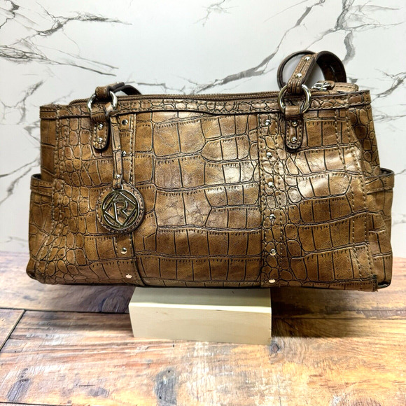 Relic Faux Alligator Shoulder Handbag Purse Brown Double Handle - Picture 2 of 16